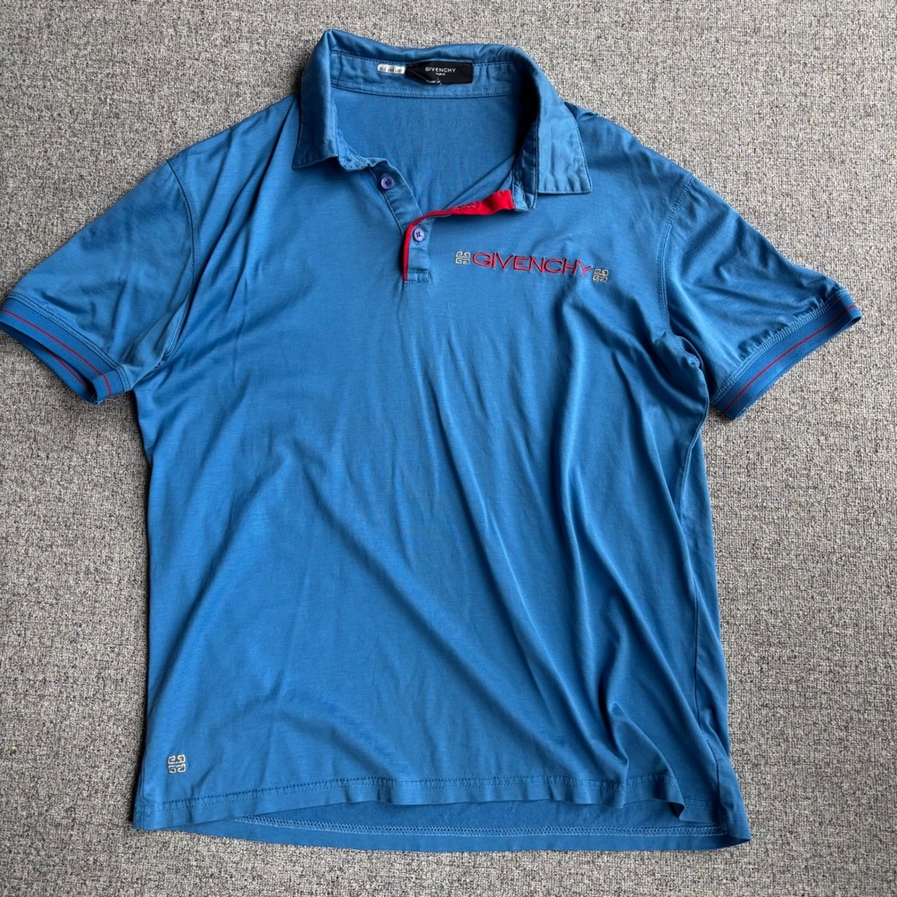 Givenchy Polo Shirt Mens Large Short Sleeve Blue Red Logo Spandex Italy